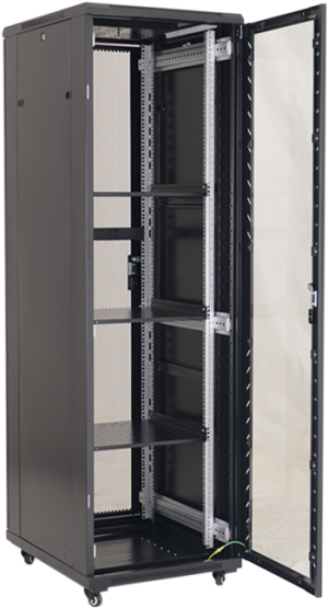 Armoire réseau sur pied 19" 42U 800x800 - 4 Vent. intégrés + 1 étagère + 2 rangements câbles vert. (baie)